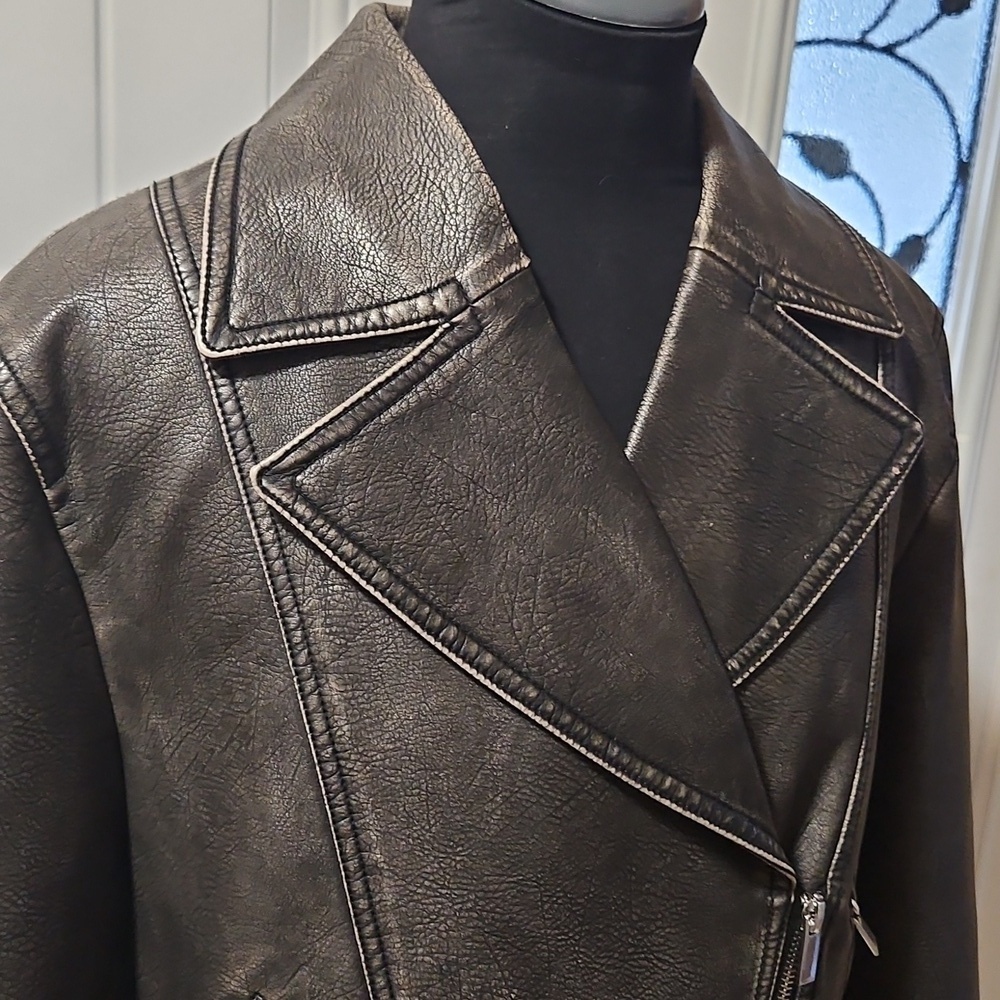 Zara Faux Leather Charcoal Grey Worn Effect Moto Jacket Size L - Picture 8 of 16